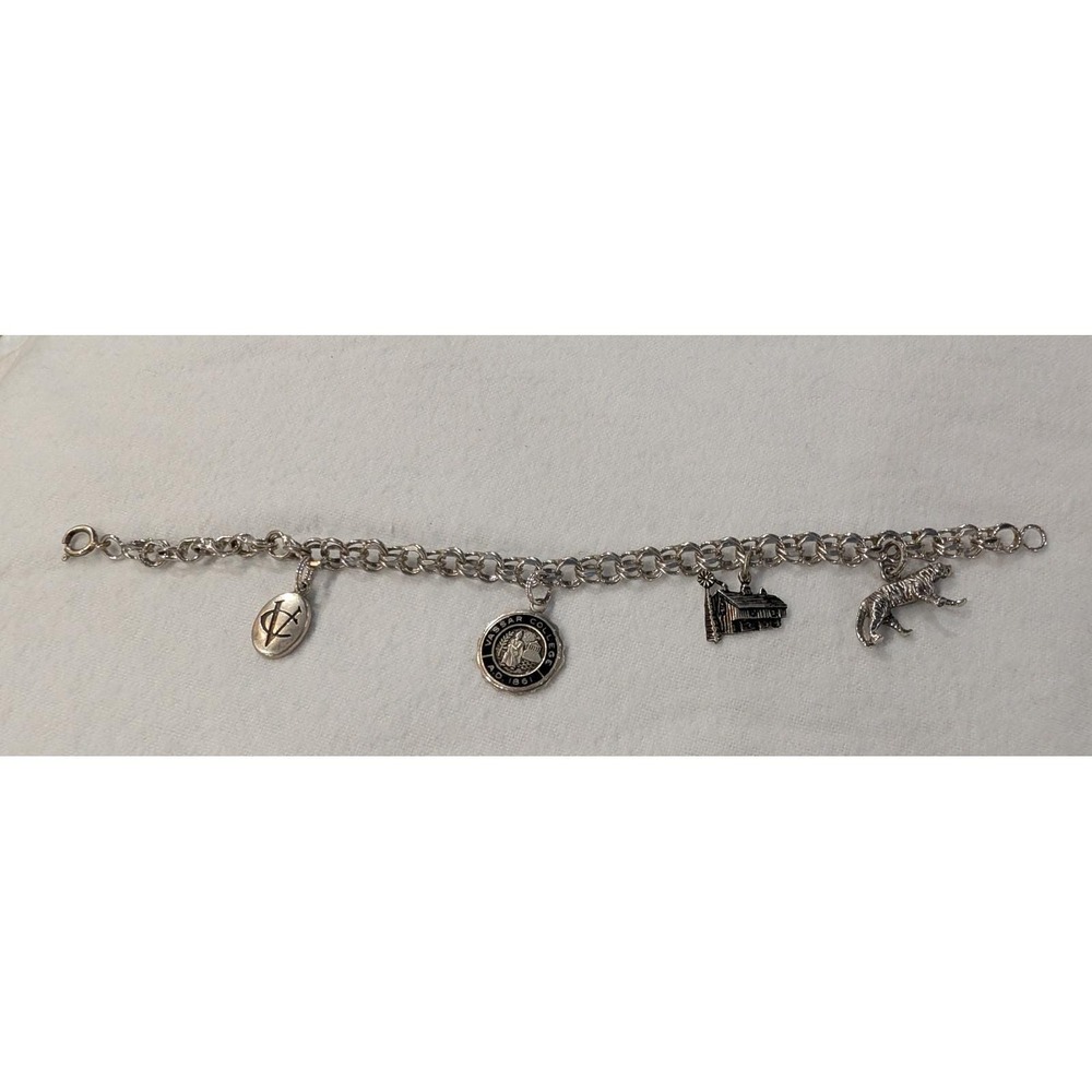 Vintage Sterling Silver Vassar College Charm Bracelet 1968 Tiger Barn 7.5 Inch